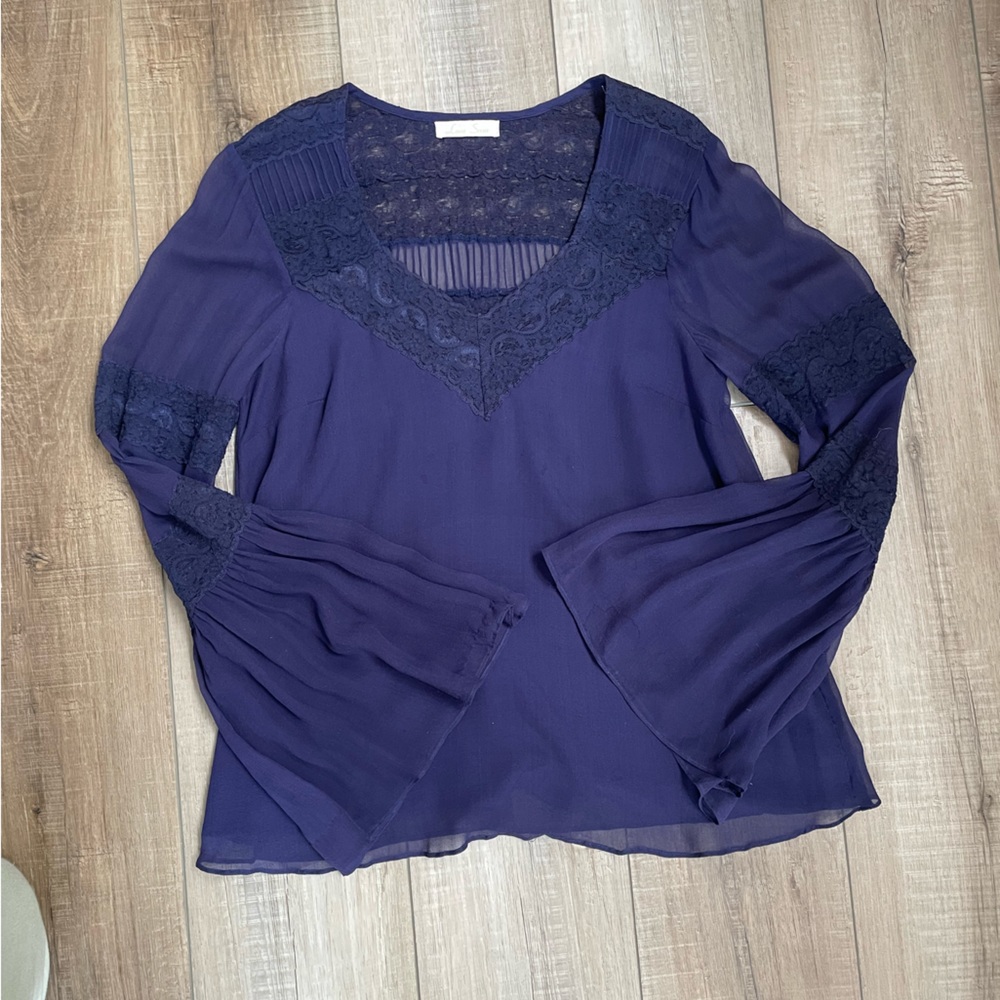 Anthropologie Peasant Blouse Purple Sheer Silk Top Size S Flowy Lace Love Sam